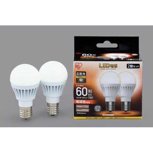 ＬＥＤ　Ｅ１７　広配光６０形　電球色　２個入画像