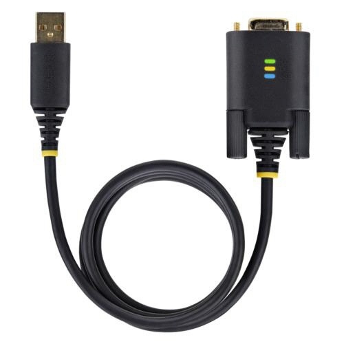 USB-RS232Cシリアル変換ケーブル　ストレート　1m　ブラック　1本 ケーブルがしっかりと巻かれた状態で、接続端子が手前に向いている様子