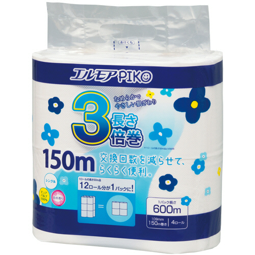 ｴﾙﾓｱ ﾋﾟｺ 3倍巻ﾄｲﾚｯﾄﾛｰﾙ 花の香り ｼﾝｸﾞﾙ 150m 1ｾｯﾄ(48ﾛｰﾙ:4ﾛｰﾙ×12ﾊﾟｯｸ)画像