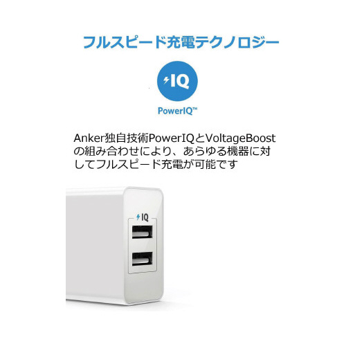 24W 2ポート USB ホワイト 商品が横向きに置かれ、充電ポートが正面に見える状態