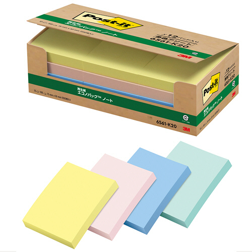 ﾎﾟｽﾄ･ｲｯﾄ ｴｺﾉﾊﾟｯｸ ﾉｰﾄ 再生紙 75×50mm 混色 1ﾊﾟｯｸ(12冊)画像