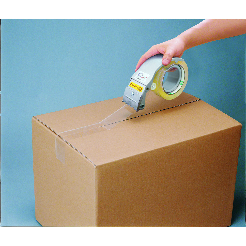 タブ（つまみ）を作れるハンディテープカッター。貼り付けたテープの横部分を折り返しタブにします。開封時の作業性を高めます。