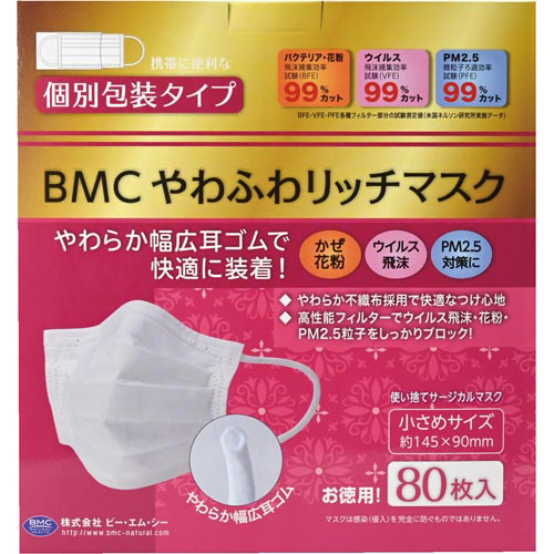 ＢＭＣやわふわリッチマスク（個装）　小さめ　８０枚画像