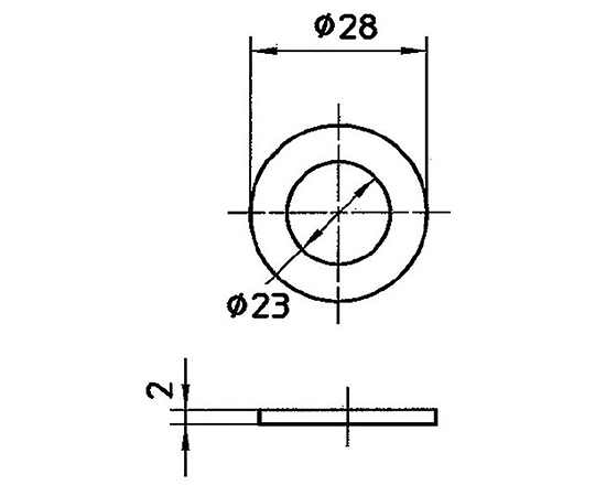 ユニオンパッキン　2個入　パッキン厚さ2mm×直径28mm×内径23mm 白い背景に並べられた黒い円形パッキンが2個、上面と内径がはっきり見える状態