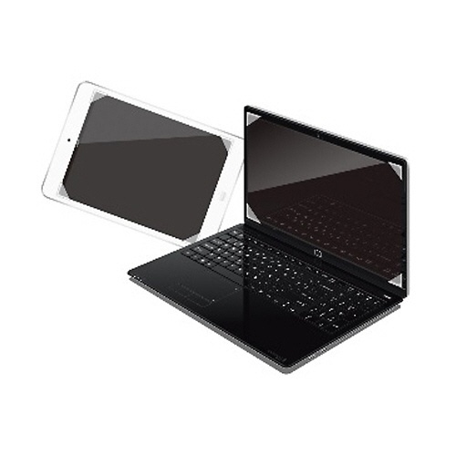 覗き見防止フィルターTLNWモバイル用　タッチパネル対応　12.0型　ポケットストッパー仕様　1枚 透明なフィルターがタッチパネルに装着された状態、画面の一部が隠れている様子。