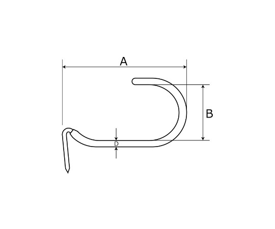 コーティングフック　60A-S　55mm 透明なコーティングが施されたフックが正面に向かって置かれ、フック先端の形状が際立って見える状態。