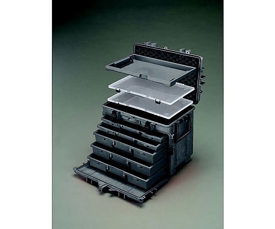 585x381x457mm ツールトロリー(ブラック) 上部に開いた収納スペースを持つ、キャスター付きのツールトロリーが横向きで配置されている様子