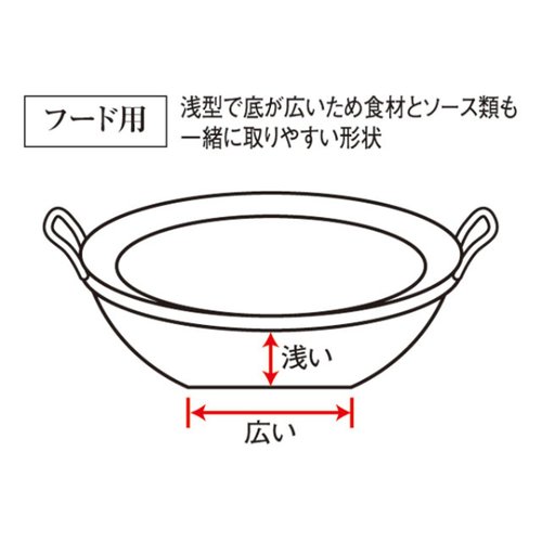 中華ビュッフェ用品 ビュッフェ用中華鍋 フード用 底平 36cm 外側が光沢のある黒い表面で、底が平らな広口の鍋が正面から見える状態