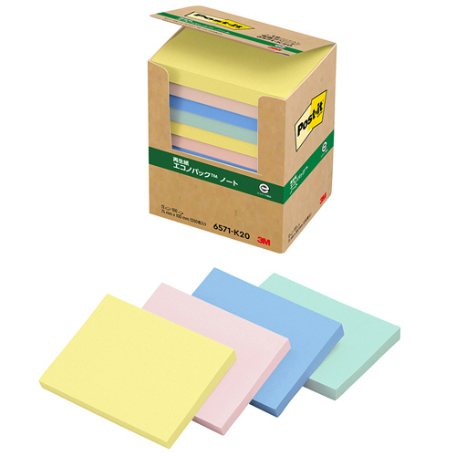 ﾎﾟｽﾄ･ｲｯﾄ ｴｺﾉﾊﾟｯｸ ﾉｰﾄ 再生紙 75×100mm 4色 1ﾊﾟｯｸ(12冊)画像