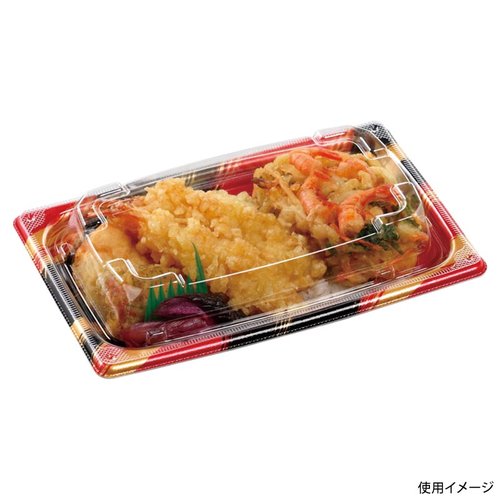 どんぶり容器 MFP角盛重 21-13 本体 はけ嵐赤 エフピコ 赤い模様が施された角形のどんぶり容器が横向きで見える状態