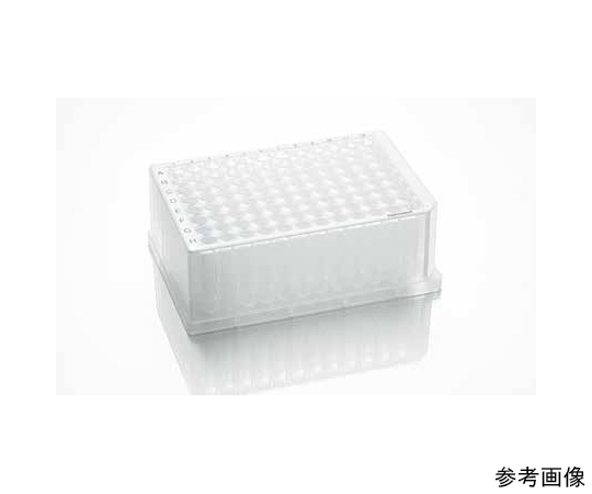 Deepwell Plate 96/2000μL, 透明ウェル, 2,000μL, Sterile, 20枚（5袋×4枚） 緑 透明なウェルが整然と並び、パッケージは上側から見える状態