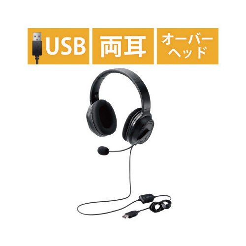 オーバーヘッド ヘッドセット 両耳 USB 左右のイヤーパッドとマイクが鮮明に見える状態