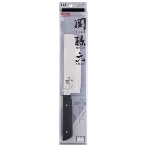 菜切り包丁　関孫六　しろねず　菜切　150mm 研ぎ澄まされた刃と、つや消しの刃身が並ぶ横向きの包丁