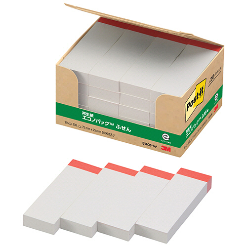 ﾎﾟｽﾄ･ｲｯﾄ ｴｺﾉﾊﾟｯｸ ふせん 再生紙 75×25mm ﾎﾜｲﾄ(赤帯入) 1ﾊﾟｯｸ(20冊)画像