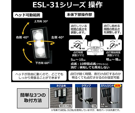 ソーラー式　センサーライト 光るセンサー部分が正面に見える横向きの設置状態