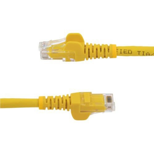 カテゴリ6　LANケーブル　RJ45モールドコネクタ　ツメ折れ防止　1m　イエロー　1本 先端のRJ45コネクタがクローズアップされた状態