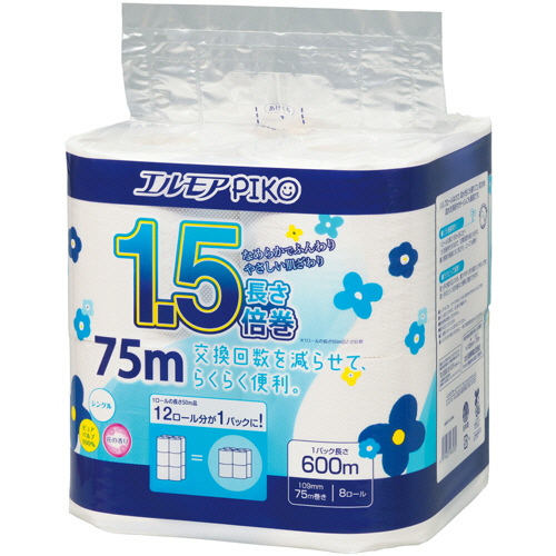 ｴﾙﾓｱ ﾋﾟｺ 1.5倍巻ﾄｲﾚｯﾄﾛｰﾙ 花の香り ｼﾝｸﾞﾙ 75m 1ﾊﾟｯｸ(8ﾛｰﾙ)画像