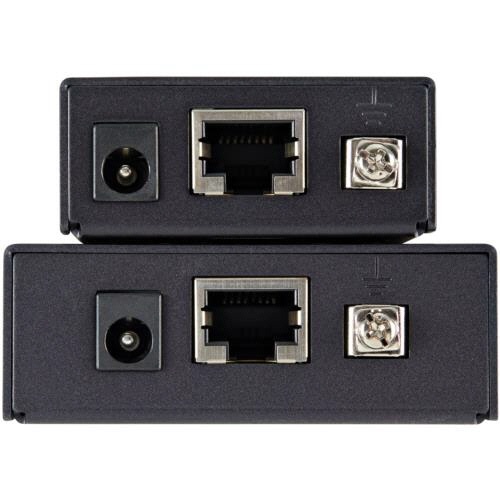Cat5/6　HDMIエクステンダー　1台 黒いボディのエクステンダーが横向きで置かれ、接続ポートが見える状態