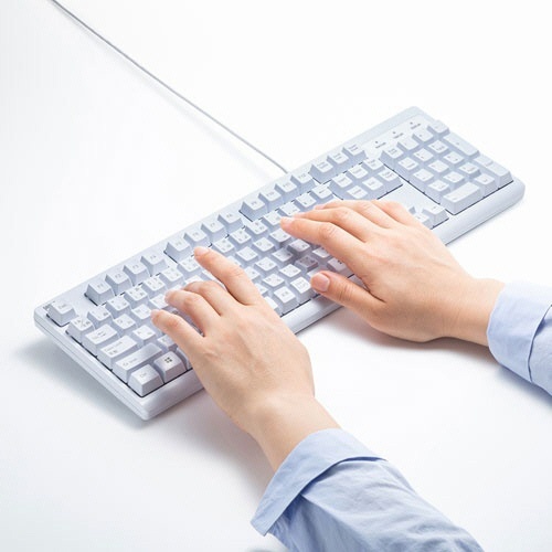 日本語109キーボード(USB)　ホワイト　RoHS指令準拠(10物質)　1台 白いキーボードが正面から撮影され、USB接続部も確認できる状態。