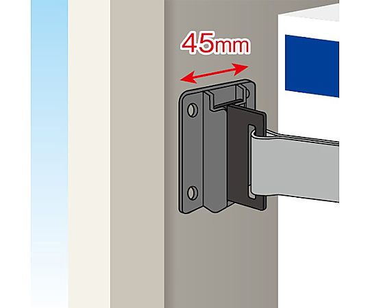 1800mm キャビネット用耐震ベルト(内付用) 耐震ベルトが取り付けられたキャビネットの側面、固定具やベルトのディテールが見える状態