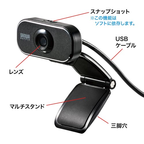 WEBカメラ CMS-V41BK 本体が正面から見える状態で、スタンドが取り付けられている。