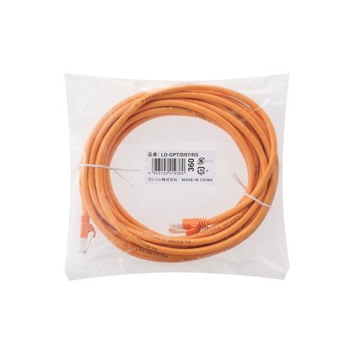 Cat6対応ツメ折れ防止LANケーブル　オレンジ　7m　RoHS指令準拠(10物質)　1本 オレンジ色のケーブルが巻かれた状態で、コネクタ部分が強調されている様子