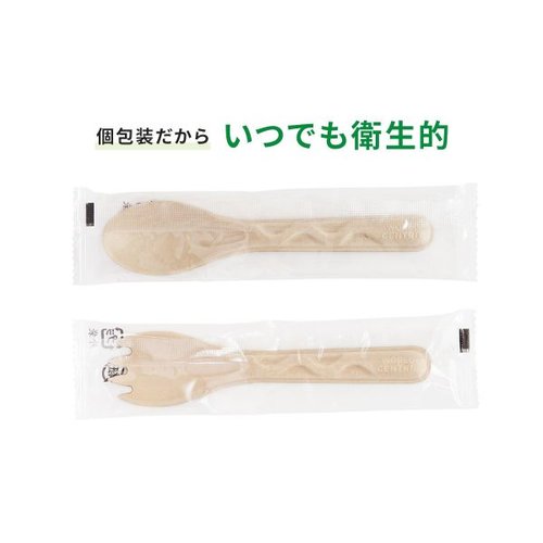 使い捨てフォーク BBカトラリー フォーク 単袋入 150mm パックスタイル 透明な袋に入った使い捨てのフォークが正面から見える状態