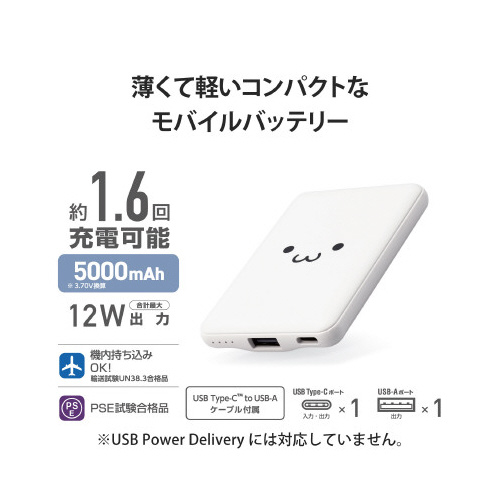 モバイルバッテリー 5000mAh 顔付 顔のデザインが施されたモバイルバッテリーの正面が見える状態