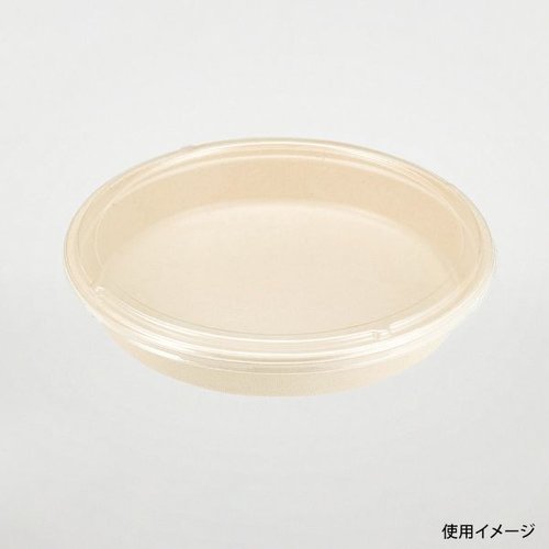 寿司容器 BB丸桶 4 ラミ 320φ×45H パックスタイル 透明なラミネートフィルムに包まれた丸形の容器が映っている状態