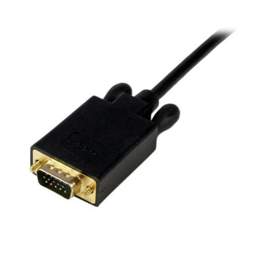 Mini　DisplayPort-VGA変換アダプタ　91cm　ブラック　1本 黒いケーブルが曲がっている様子と、端子部分の詳細が見える状態