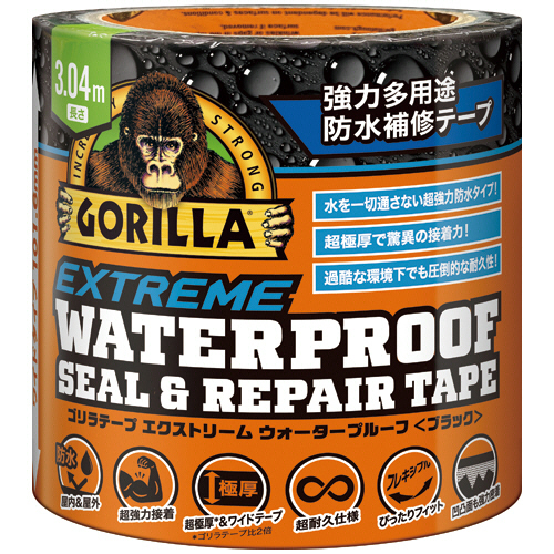 強力多用途防水補修ｺﾞﾘﾗﾃｰﾌﾟｴｸｽﾄﾘｰﾑ ｳｫｰﾀｰﾌﾟﾙｰﾌ ﾌﾞﾗｯｸ101.6mm×3.04m 1巻