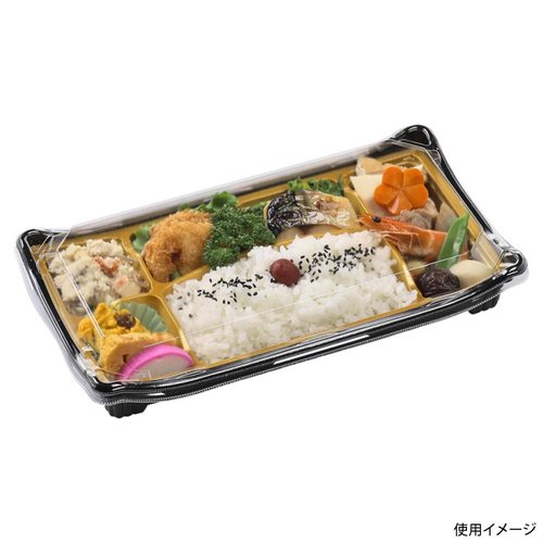 弁当容器 SU京錦19(28-15) 本体 黒 エフピコ 黒い弁当容器が斜め上から撮影され、蓋が少し開いている様子