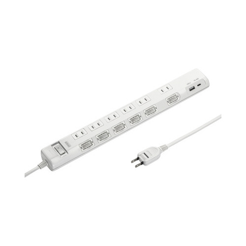 節電タップ（２Ｐ・６個口・２ｍ・ホワイト）画像