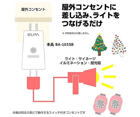 AC100V 明暗センサースイッチ 全体が見える角度で、白地に黒いスイッチ部が目立つ状態