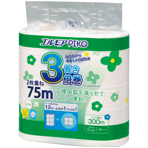ｴﾙﾓｱ ﾋﾟｺ 3倍巻ﾄｲﾚｯﾄﾛｰﾙ 花の香り ﾀﾞﾌﾞﾙ 75m 1ﾊﾟｯｸ(4ﾛｰﾙ)画像