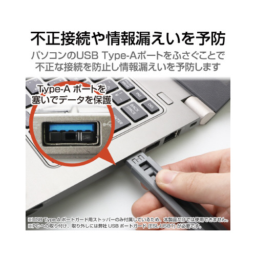USBポートガード USBストッパー12個 商品のパッケージが正面から見える状態で、個々のストッパーが整然と配置されている様子。