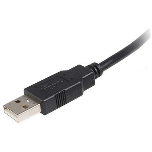 USB2.0ケーブル　1m　Type　A(オス)-B(オス)　ブラック　1本 黒いUSBケーブルが真上から見える状態、柔軟性のある素材感を強調。