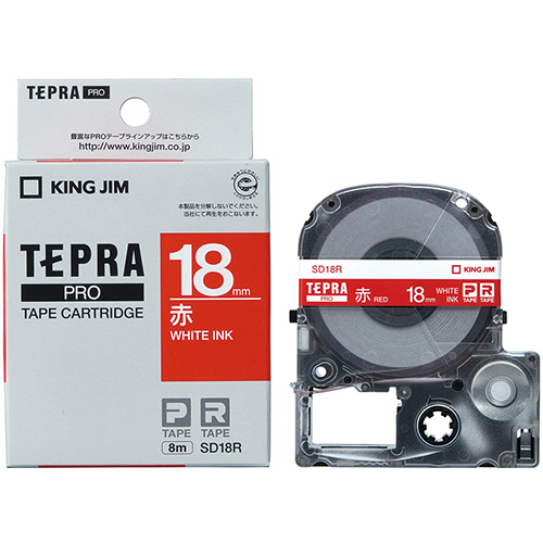 テプラ　PRO　テープカートリッジ　ビビッド　18mm　赤/白文字　1個 パッケージの上部が見え、赤いテープと白文字のデザインが確認できる状態
