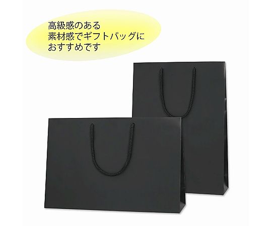 手提げ紙袋　ブライトバッグ　黒MT（マットPP貼り）　10枚 マットな質感の黒い手提げ袋が横向きに並んでいる様子