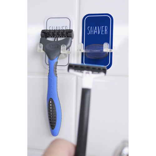 フック 粘着フック シェーバーホルダー オテル 壁 粘着 貼ってはがせる ホワイト 透明な壁に取り付けられた粘着フックが、シェーバーを支えている様子