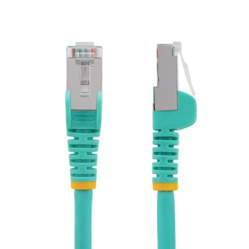 カテゴリ6A　LANケーブル　低煙ゼロハロゲン　ツメ折れ防止　7.5m　アクア　1本 青色のケーブルがゆったりと巻かれ、ツメ折れ防止のデザインが強調されている様子