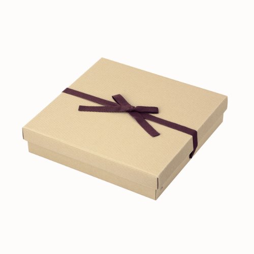 ギフト箱 ナチュラルBOX26号ヒモ付 ヤマニパッケージ グレーのヒモで結ばれたナチュラルな色合いのギフト箱が正面を向いている状態