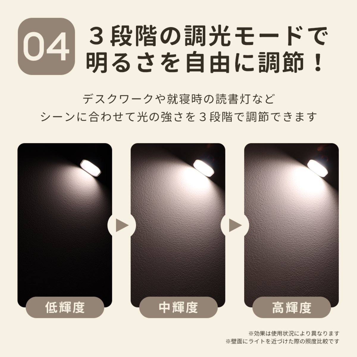 コードレスLEDクリップライト クリップで固定された状態の明るいLEDが点灯している様子
