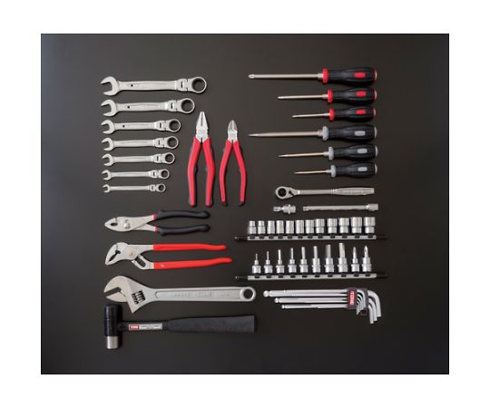 整備用工具セット TSH330ツールセット 54点セット シルバー 工具が整然と配置され、各工具のサイズや形状がはっきりと見える状態。