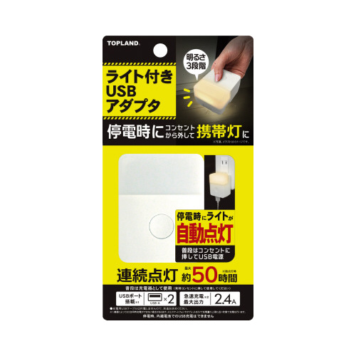 ライト付きUSBアダプタ 透明なケースに収められた白いアダプタが、やわらかな光を放っている様子。