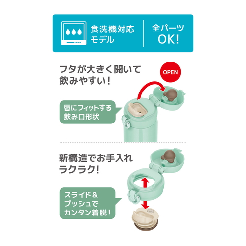 サーモス　真空断熱ケータイマグ　0.3L　アイスグリーン 滑らかな質感のアイスグリーンのボディが正面を向いている状態