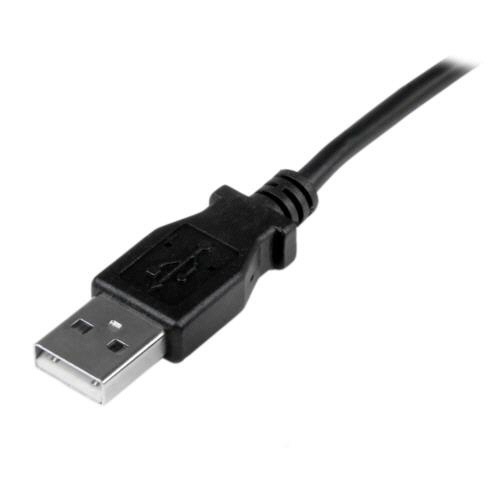 L型ミニUSBケーブル　1m　Type　A(オス)-Mini　B(オス)　ブラック　1本 L型に折れ曲がったブラックのUSBケーブルの先端が見える様子