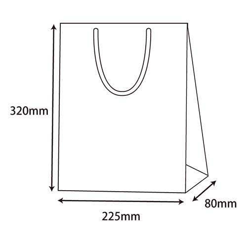 手提げ紙袋（青 ツヤあり・PP紐・幅225×マチ80×高さ320mm） やや斜め正面から、青い光沢の紙袋が一つ立ち、上部の白いPP紐の持ち手が輪になって垂れている様子