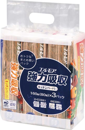 エルモア　強力吸収キッチンペーパー　８０Ｗ３Ｐ