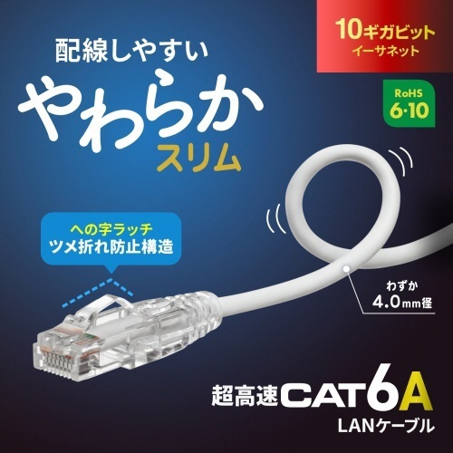 カテゴリ6A　LANケーブル(スリム・やわらか・ツメ折れ防止コネクタ)　ホワイト　2m　1本 白いケーブルが柔らかな曲線を描いている状態、コネクタ部分はツメ折れ防止の設計が確認できる。